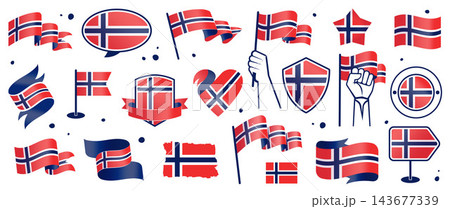 Norway Flag Set in Different Styles, Norwegian Pennants, Ribbons, Shields, Badges, Hearts, Hand Held Flags, Textured Vector Design Elements Norway Flag Set in Different Styles, Norwegian Pennants, Ribbons, Shields, Badges, Hearts, Hand Held Flags, Textured Vector Design Elements 143677339
