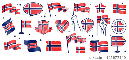 Norway Flag Set in Different Styles, Norwegian Pennants, Ribbons, Shields, Badges, Hearts, Hand Held Flags, Textured Vector Design Elements Norway Flag Set in Different Styles, Norwegian Pennants, Ribbons, Shields, Badges, Hearts, Hand Held Flags, Textured Vector Design Elements 143677340