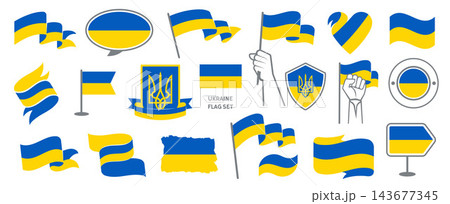 Ukraine Flag Set in Different Styles with Tryzub Emblems, Ukrainian Ribbons, Shields, Badges, Hearts, Hand-Held Flags, Textured Vector Design Elements 143677345