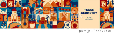 Texas Geometric Seamless Pattern and Banner with Travel, Holiday and Vacation Symbols, Western Culture Icons, Food, Architecture and Tourism Mosaic Elements, Vector Illustration Texas Geometric Seamless Pattern and Banner with Travel, Holiday and Vacation Symbols, Western Culture Icons, Food, Architecture and Tourism Mosaic Elements, Vector Illustration 143677356