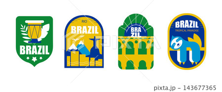 Brazil Geometric Badge Set, Colorful Flat Design Stickers, Labels with National Symbols, Travel, Culture, Nature and Landmark Icons, Vector Illustration Brazil Geometric Badge Set, Colorful Flat Design Stickers, Labels with National Symbols, Travel, Culture, Nature and Landmark Icons, Vector Illustration 143677365