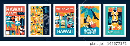Creative Mosaic Geometric Hawaii Poster Set with Aloha Typography, Tropical Island Travel Symbols, Abstract Vector Illustration, Party Design Templates 143677371