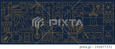Hawaii Art Deco Banner and Geometric Pattern with Tropical Island Symbols, Elegant Line Art Travel Design, Aloha Culture Vector Background Hawaii Art Deco Banner and Geometric Pattern with Tropical Island Symbols, Elegant Line Art Travel Design, Aloha Culture Vector Background 143677372