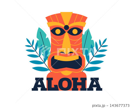 Geometric Tiki Mask Logo Element with Aloha Typography, Hawaiian Polynesian Style Icon, Tribal Tropical Vector Symbol Geometric Tiki Mask Logo Element with Aloha Typography, Hawaiian Polynesian Style Icon, Tribal Tropical Vector Symbol 143677373