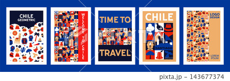 A set of geometric posters featuring Chile, using simple icons and symbols of Santiago culture. South America in a modern style with mosaics and patterns, summer travel designs featuring food 143677374