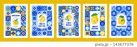 Mediterranean Tile Poster Template Set with Blue Azulejo Ornaments and Hand Drawn Lemon, Symmetrical Mosaic Patterns, Citrus Inspired Vector Design for Labels, Cards, Banners, Flyers, Packaging Mediterranean Tile Poster Template Set with Blue Azulejo Ornaments and Hand Drawn Lemon, Symmetrical Mosaic Patterns, Citrus Inspired Vector Design for Labels, Cards, Banners, Flyers, Packaging 143677376