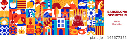 Barcelona Typography Seamless Pattern and Banner with Mediterranean Travel Symbols, Ceramic Tile Ornaments, Catalonia Culture Icons, Vacation and Holiday Elements, Food and Architecture Flat Vector 143677383