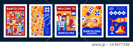 Creative Geometric Barcelona Poster Set with Mediterranean Style, Tiles, Patterns, Catalonia Travel Icons, Food, Culture, and Architecture Elements, Mosaic Vector Design Templates with abstract design 143677386
