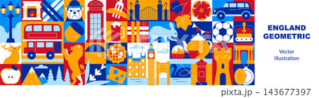 England Typography Geometric Seamless Pattern and Banner with Travel, Holiday and Vacation Symbols, Traditional Culture Icons, Food, Architecture and Tourism Mosaic Elements, Vector Illustration England Typography Geometric Seamless Pattern and Banner with Travel, Holiday and Vacation Symbols, Traditional Culture Icons, Food, Architecture and Tourism Mosaic Elements, Vector Illustration 143677397