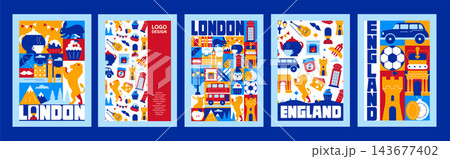 Mosaic Geometric England and London Poster Set with Travel, Vacation, Culture, Food, and Architecture Symbols, Abstract Icons, Tourism Vector Design Templates. Mosaic Geometric England and London Poster Set with Travel, Vacation, Culture, Food, and Architecture Symbols, Abstract Icons, Tourism Vector Design Templates. 143677402