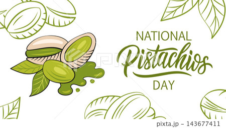 National Pistachio Day banner in a vibrant colored outline style, cartoon pistachio nuts with bold paths for healthy snack promotion, vector illustration 143677411