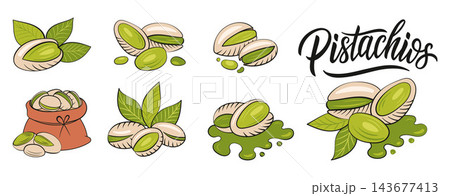 Hand-Drawn Colored Pistachio Nuts with Leaves and Calligraphy Lettering Vector Set for Logo, Label, Packaging and Branding Design Hand-Drawn Colored Pistachio Nuts with Leaves and Calligraphy Lettering Vector Set for Logo, Label, Packaging and Branding Design 143677413