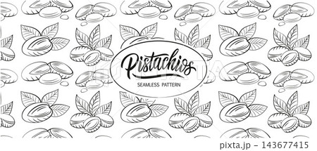 Hand-Drawn Black and White Seamless Pistachio Pattern with Lettering, Botanical Nut Background for Textile, Wrapping Paper and Packaging Hand-Drawn Black and White Seamless Pistachio Pattern with Lettering, Botanical Nut Background for Textile, Wrapping Paper and Packaging 143677415