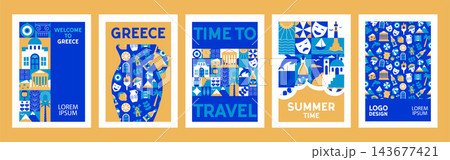 Creative geometric Greece poster set with simple icons and cultural symbols. Modern summer travel designs inspired by food, vacation in a vector illustration. Creative geometric Greece poster set with simple icons and cultural symbols. Modern summer travel designs inspired by food, vacation in a vector illustration. 143677421