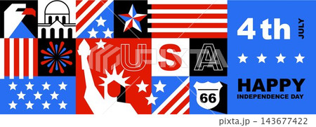 Geometric USA Independence Day Banner and Seamless Pattern Set, American Patriotic Background with Stars, Stripes, Fireworks, Eagle, 4th of July Vector Design Geometric USA Independence Day Banner and Seamless Pattern Set, American Patriotic Background with Stars, Stripes, Fireworks, Eagle, 4th of July Vector Design 143677422