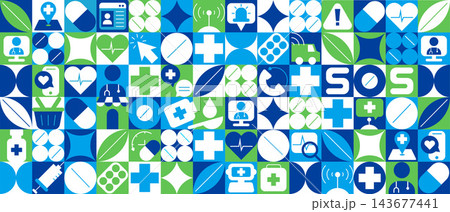 Digital medicine geometric mosaic banner, online doctor seamless pattern background, modern healthcare wallpaper with abstract medical shapes and repeating telemedicine texture Digital medicine geometric mosaic banner, online doctor seamless pattern background, modern healthcare wallpaper with abstract medical shapes and repeating telemedicine texture 143677441