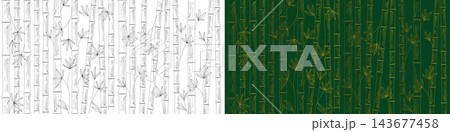 Seamless Horizontal Bamboo Pattern, Hand-Drawn Botanical Line Art Background in Color and Monochrome, Elegant Nature Wallpaper Design Seamless Horizontal Bamboo Pattern, Hand-Drawn Botanical Line Art Background in Color and Monochrome, Elegant Nature Wallpaper Design 143677458
