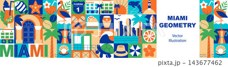 Miami Vacation Seamless Pattern and Horizontal Banner with Tropical Travel Symbols, Florida Summer Tourism Background, Flat Vector Memphis and Geometric Design Elements Miami Vacation Seamless Pattern and Horizontal Banner with Tropical Travel Symbols, Florida Summer Tourism Background, Flat Vector Memphis and Geometric Design Elements 143677462