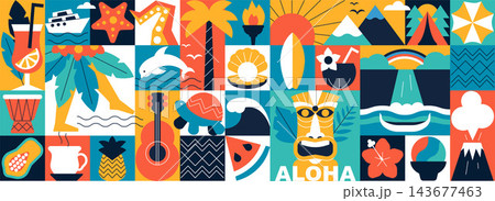 Hawaii Aloha Seamless Pattern Background with Tropical Vacation Symbols, Holiday Vector Design Featuring Surf, Flowers and Ocean Elements 143677463