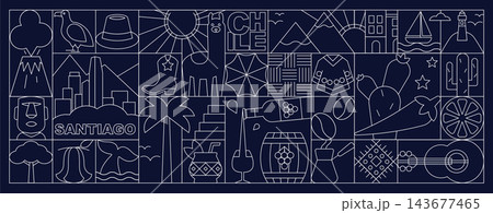 Seamless geometric pattern with symbols of Chile, the city of Santiago in line art style, minimalist mosaic banner with cultural icons, images of food, architecture and plants, elegant vector ornament Seamless geometric pattern with symbols of Chile, the city of Santiago in line art style, minimalist mosaic banner with cultural icons, images of food, architecture and plants, elegant vector ornament 143677465