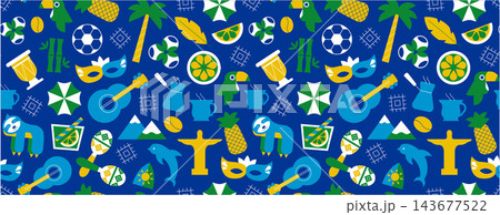 Seamless geometric Brazil background with cultural icons and country symbols. Modern colorful summer pattern inspired by vacation, tropical lifestyle and Brazilian travel aesthetic Seamless geometric Brazil background with cultural icons and country symbols. Modern colorful summer pattern inspired by vacation, tropical lifestyle and Brazilian travel aesthetic 143677522