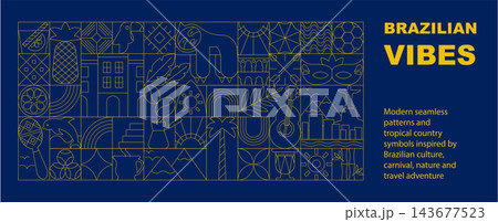 Brazilian mosaic art deco composition with line art icons in geometric style. Modern travel illustration inspired by Brazil culture, food, tourism and tropical lifestyle 143677523