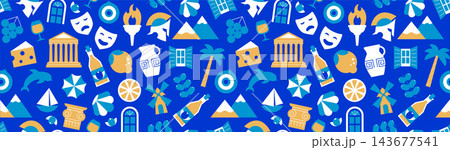 Seamless geometric Greece background with cultural icons and country symbols. Modern colorful summer pattern, cover inspired by vacation, travel aesthetic i n a vector illustration. 143677541