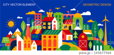 Geometric city illustration with European houses on island, abstract architecture composition in flat design style, summer travel and vacation element for print design Geometric city illustration with European houses on island, abstract architecture composition in flat design style, summer travel and vacation element for print design 143677569