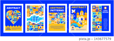 Abstract national poster set with geometric mosaic symbols and folk ornament, modern vector illustration inspired by Ukrainian cultural identity Abstract national poster set with geometric mosaic symbols and folk ornament, modern vector illustration inspired by Ukrainian cultural identity 143677579