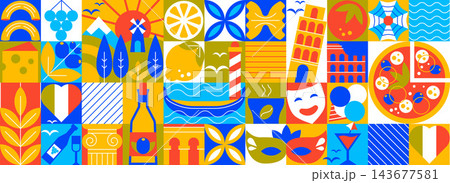 Seamless Italian symbol pattern with geometric mosaic ornament, abstract travel banner with simple cultural icons, Mediterranean heritage, background design 143677581