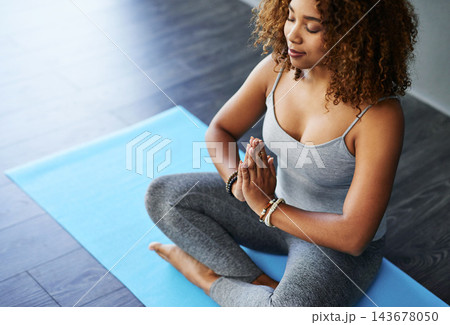 Home, woman and calm with meditation on mat for inner peace, mindfulness and chakra balance. Top view, female person and relax with spiritual healing exercise for holistic, awareness or mental health 143678050