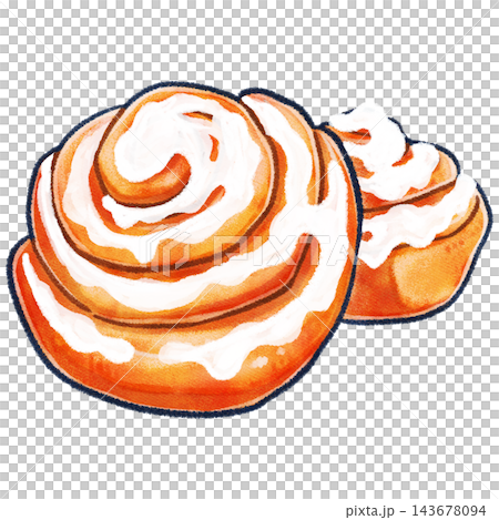 A hand-drawn illustration of a sugar-coated cinnamon roll A hand-drawn illustration of a sugar-coated cinnamon roll 143678094