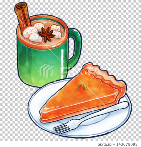 Hand-drawn illustration of pumpkin tart and chai Hand-drawn illustration of pumpkin tart and chai 143678095