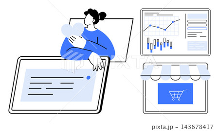 Digital marketing, e-commerce trends, data analytics, customer interaction, online retail, user behavior. Person holding a heart, sales chart storefront with shopping cart. Digital marketing 143678417
