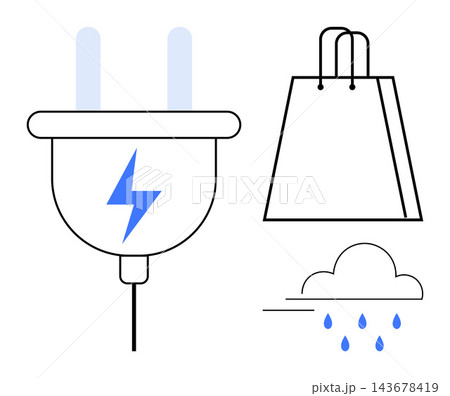 Sustainability, environment, eco-friendly shopping, renewable energy, electric solutions, climate change. Electric plug, shopping bag raindrop cloud. Renewable energy and eco-friendly shopping Sustainability, environment, eco-friendly shopping, renewable energy, electric solutions, climate change. Electric plug, shopping bag raindrop cloud. Renewable energy and eco-friendly shopping 143678419