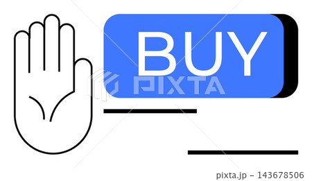 E-commerce, decision-making, impulse control, online transactions, consumer behavior, shopping habits. A hand signal next to a blue Buy button. E-commerce and decision-making theme 143678506