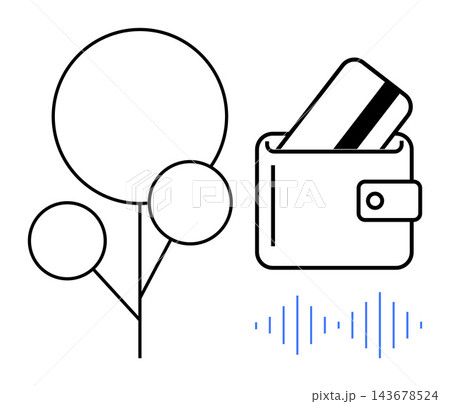 Financial technology, digital payments, online transactions, eco-friendly choices, sound recognition, secure payments. Wallet with card, sound wave abstract tree design. Financial technology Financial technology, digital payments, online transactions, eco-friendly choices, sound recognition, secure payments. Wallet with card, sound wave abstract tree design. Financial technology 143678524