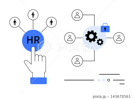 Human resources, employee management, data security, team building, automation, personnel network. Hand pointing to HR node, connected figures gears and lock. Human resources and data security Human resources, employee management, data security, team building, automation, personnel network. Hand pointing to HR node, connected figures gears and lock. Human resources and data security 143678561