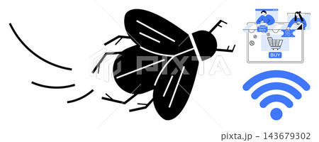 Online shopping, e-commerce, technology, innovation, connectivity, network . A flying insect near a digital cart and wireless symbol. E-commerce and technology as key Online shopping, e-commerce, technology, innovation, connectivity, network . A flying insect near a digital cart and wireless symbol. E-commerce and technology as key 143679302