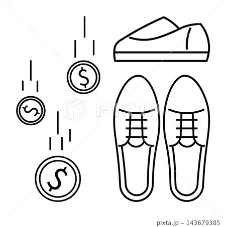 Finance management, shopping, investment returns, smart spending, footwear retail, ecommerce. Shoes and falling dollar coins. Finance management and shopping concept Finance management, shopping, investment returns, smart spending, footwear retail, ecommerce. Shoes and falling dollar coins. Finance management and shopping concept 143679385