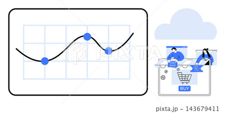 E-commerce, analytics, data visualization, online shopping, sales strategies, cloud storage. Graph with connected points on a grid and online shopping interface with icons. E-commerce and analytics E-commerce, analytics, data visualization, online shopping, sales strategies, cloud storage. Graph with connected points on a grid and online shopping interface with icons. E-commerce and analytics 143679411