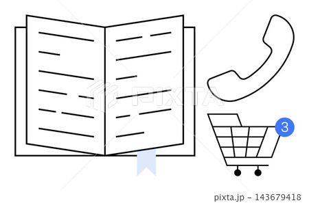 Communication, online shopping, education, notifications, digital services, business. Open book with ribbon, cart with notification bubble and phone icon. Communication and online shopping concepts Communication, online shopping, education, notifications, digital services, business. Open book with ribbon, cart with notification bubble and phone icon. Communication and online shopping concepts 143679418