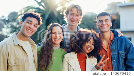 Friends, group and portrait outdoor for holiday, social and get together or hangout with diversity in backyard. Excited face of young people with peace sign, support and happy for vacation or break Friends, group and portrait outdoor for holiday, social and get together or hangout with diversity in backyard. Excited face of young people with peace sign, support and happy for vacation or break 143679419
