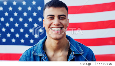 Patriotism, portrait and smile with man on american flag for democracy, freedom or home of brave. Culture, history or tradition and face of person on stars and stripes for July 4 celebration in USA Patriotism, portrait and smile with man on american flag for democracy, freedom or home of brave. Culture, history or tradition and face of person on stars and stripes for July 4 celebration in USA 143679550