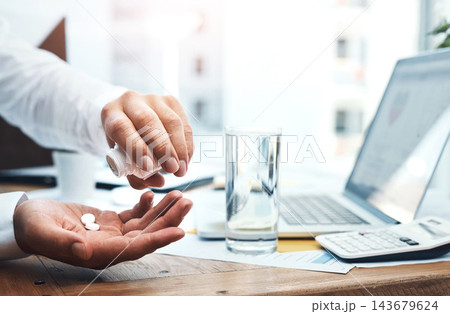 Water, hands and businessman with pills in office for headache, migraine or pain treatment. Medical, sick and male person with h2o drink and tablets medication for flu, cold or allergies in workplace 143679624