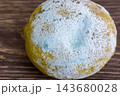 Close-up of a moldy lemon showing the texture of the white and blue-green mold. 143680028