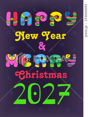 Retro Disco Happy New Year 2027. Vibrant colorful typography reminiscent of the 60s and 70s era on a purple background. Vintage stylish holiday and Merry Christmas design. Retro Disco Happy New Year 2027. Vibrant colorful typography reminiscent of the 60s and 70s era on a purple background. Vintage stylish holiday and Merry Christmas design. 143680093