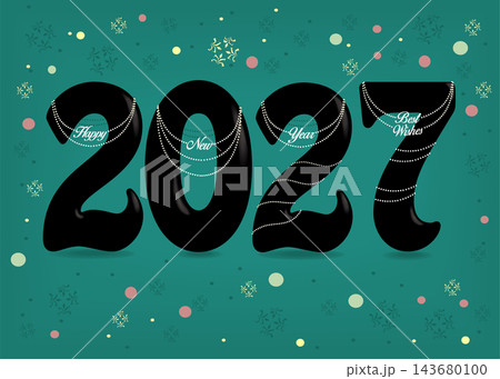 Chic Happy New Year 2027. Sleek black numbers adorned with white pearl collars and pendant texts. Vibrant green background with a colorful confetti shower. Elegant holiday greeting design. Chic Happy New Year 2027. Sleek black numbers adorned with white pearl collars and pendant texts. Vibrant green background with a colorful confetti shower. Elegant holiday greeting design. 143680100