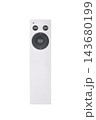 White remote control with on and off buttons and a circular navigation pad isolated on a clean white background. 143680199