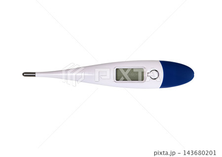 Digital medical thermometer with LCD display and blue tip isolated on a white background. Digital medical thermometer with LCD display and blue tip isolated on a white background. 143680201